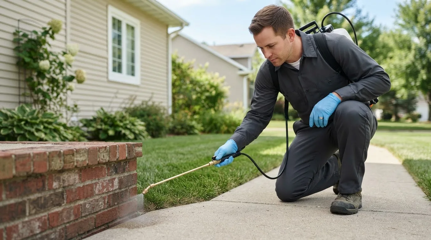 Pest control technician treating a home near Rothsay, MN